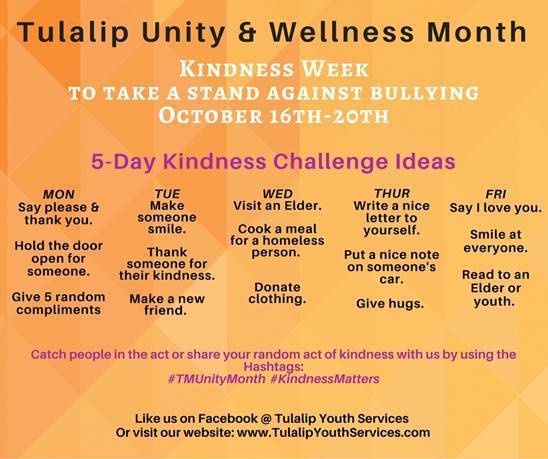 MMS_msd25's tweet photo. It’s Kindness Week. Take a stand against bulling with the 5-days of kindness challenge! Catch people in the act or share your random act by using the hashtags #TMUnityMonth & #KindnessMatters https://t.co/kONlgxDZqy