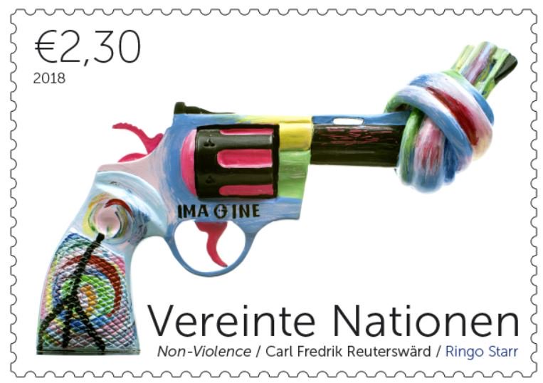 UN's tweet photo. On Tuesday’s #WorldPostDay, see beautiful new “Non-violence” @UNstamps featuring artwork by @RingoStarrMusic &amp; more: https://t.co/lDx3eIMkEL https://t.co/cVRZLT28Vj