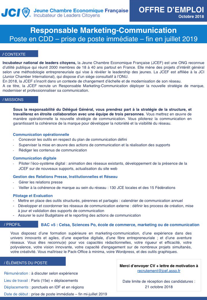 <a href="/JCE_France/">jce_france</a> #recrutement #DigitalTransformation #Rebranding Expérimenté en marketing communication, accro aux transformations sociétales, digitales et environnementales, passionné de réseaux, doté d'une fibre entrepreneuriale, ... c'est toi ? rdv sur recrutement@jcef.asso.fr