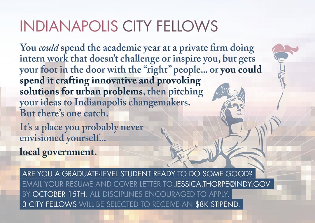 Are you a graduate-level student ready to do some good? Are you passionate about the future of Indianapolis? Our long range planning team is hiring Indianapolis City Fellows! 

@SPEA_Indy @IUPUISustain <a href="/butleru/">Butler University</a> <a href="/BallStateCAP/">Ball State CAP</a> <a href="/BallStateCAPIC/">Ball State CAP: INDY</a> <a href="/IUPublicPolicy/">IU Public Policy Institute</a>