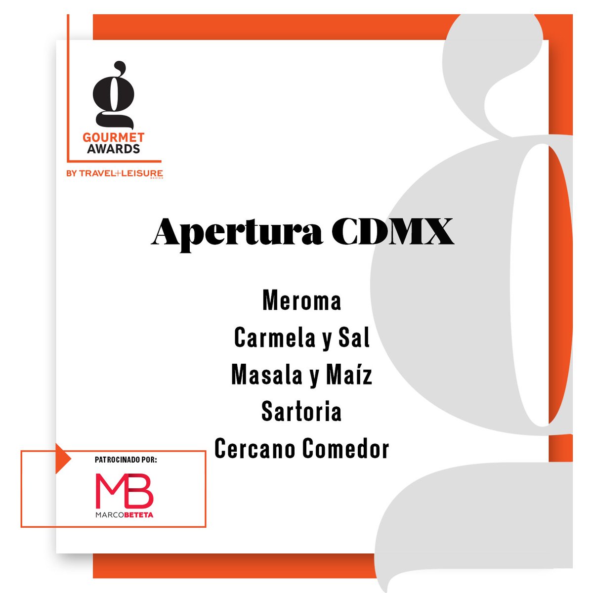 MXGourmetAwards's tweet photo. ¡Felicidades a todos los nominados a #GourmetAwards 2018 ! Conócelos aquí y en tweets relacionados 👇
@MeromaMx @Carmelaysal #Sartoria @CercanoComedor 
@Lorettaresto @GrupoPangea @eloiseresto @LoreaMx @pujolrestaurant Presentado por @MarcoBeteta y @VinoMariatinto https://t.co/9JFJq4erqO