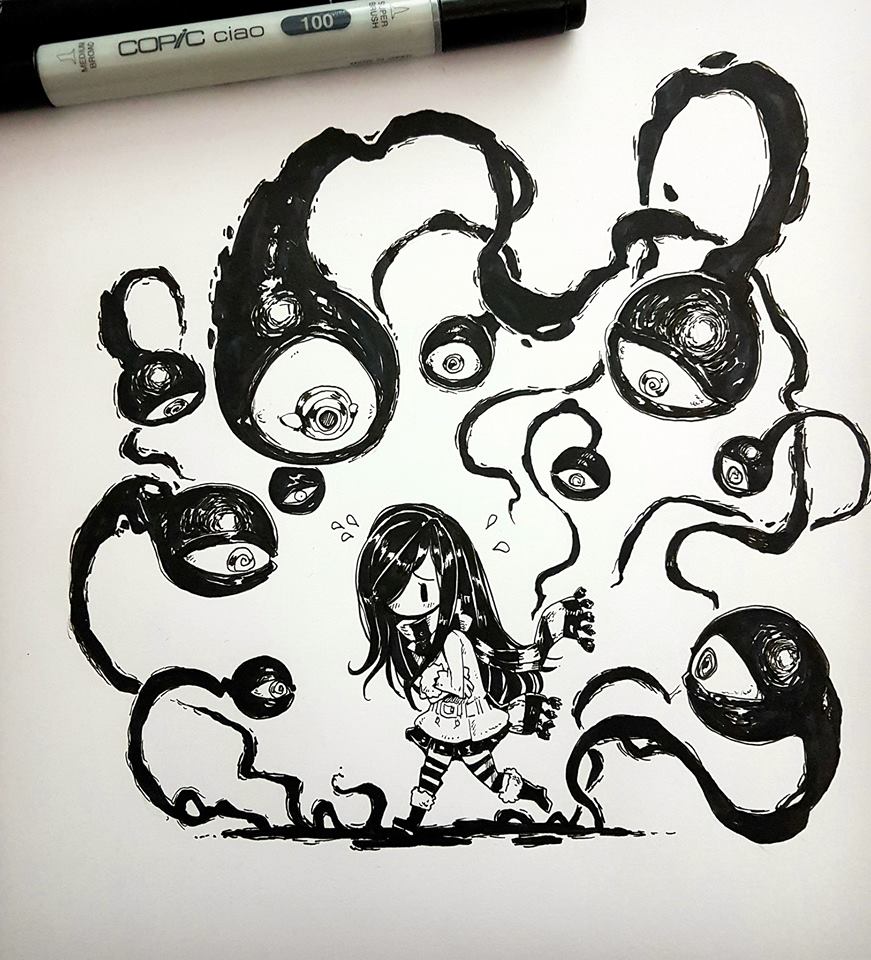 Parorou's tweet photo. Day 7 is about the lack.. or loss of calmness, being restless due to constant feelings of anxiety, the sensation of being judged, and or feeling guilt about something... 
Similar to a feeling of being constantly watched, having lots of eyes on you, I suppose, hehe. https://t.co/c7yH1tuzvn