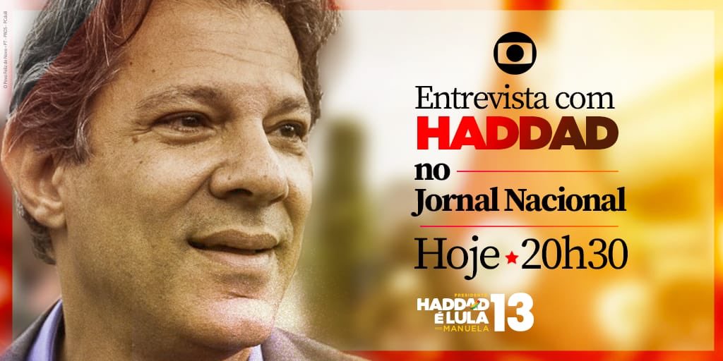 Haddad_Fernando's tweet photo. É hoje! Acompanhe a partir das 20h30 na Rede Globo. #AgoraÉHaddad https://t.co/nalWWH1WDV