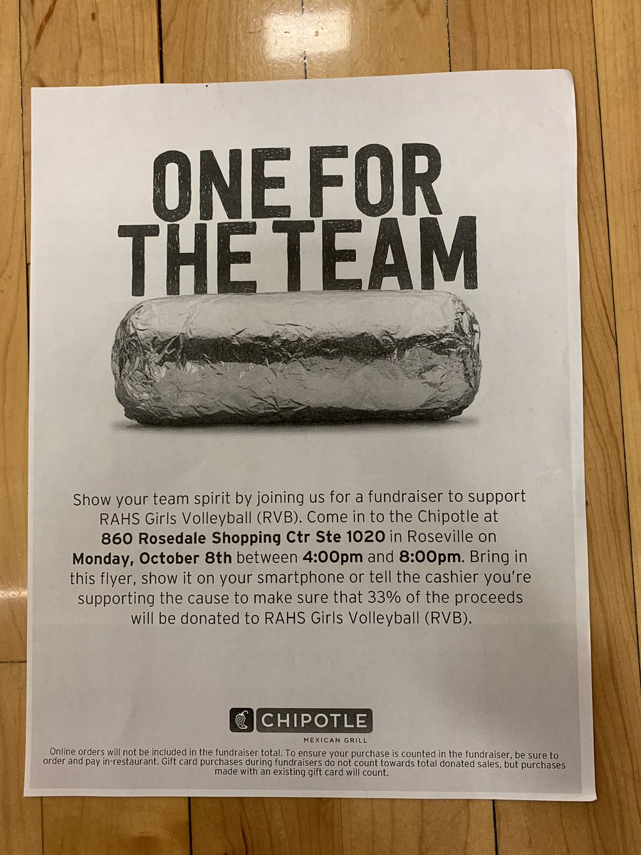 Hit up Chipotle at Rosedale tonight to support RVB! 4-8! Be sure to say you’re supporting Roseville Volleyball. Thank you!