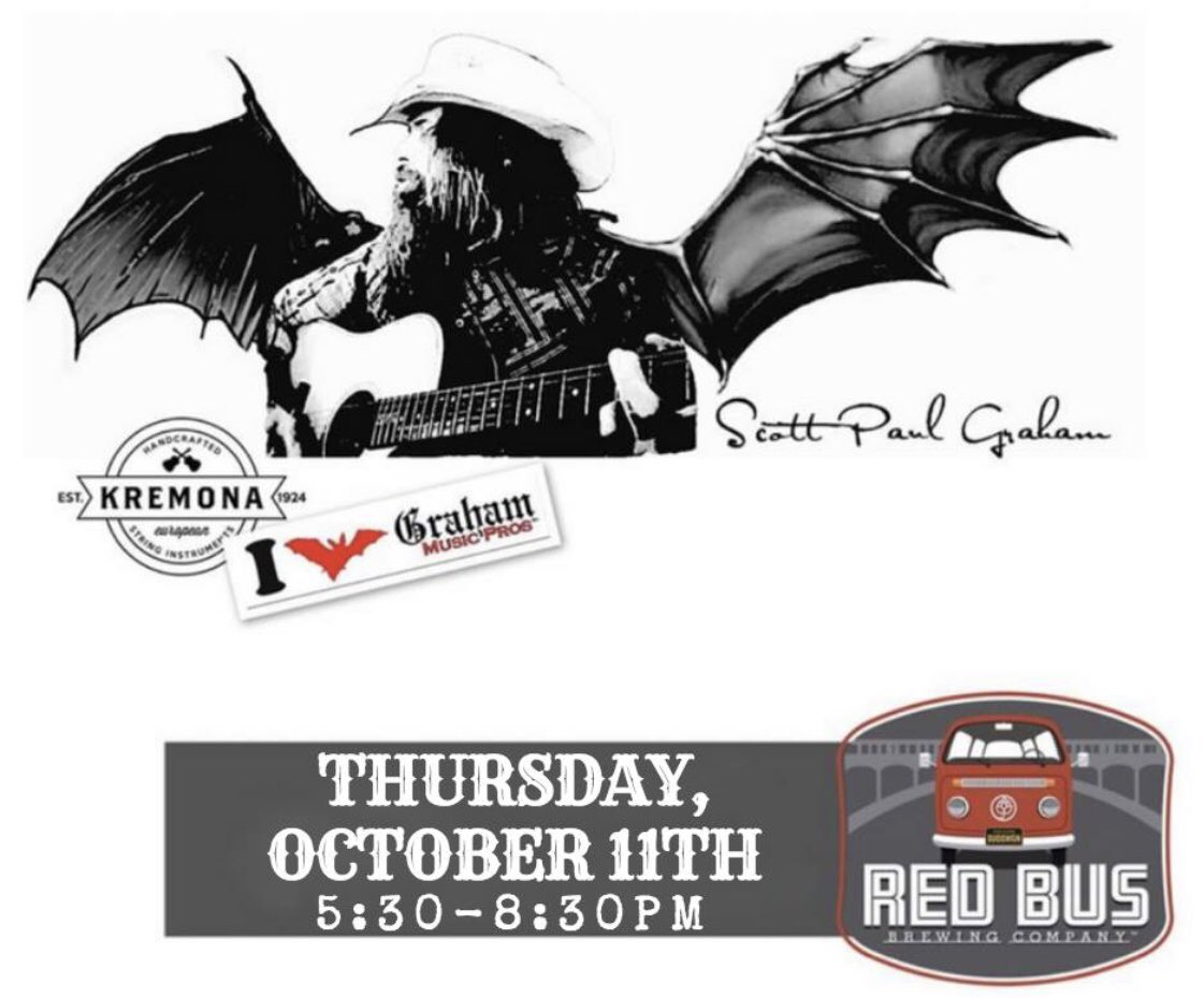 RedBusBrew's tweet photo. Our friend, @ScottPaulGraham is coming back to the Bus THIS THURSDAY! The perfect blend of rock, soul, and country grit... you canโt help but love his original songs and sing along to his classic covers. Invite your friends, or have a date night with Scott at #redbusbrewing! https://t.co/yPHRjNwKOZ