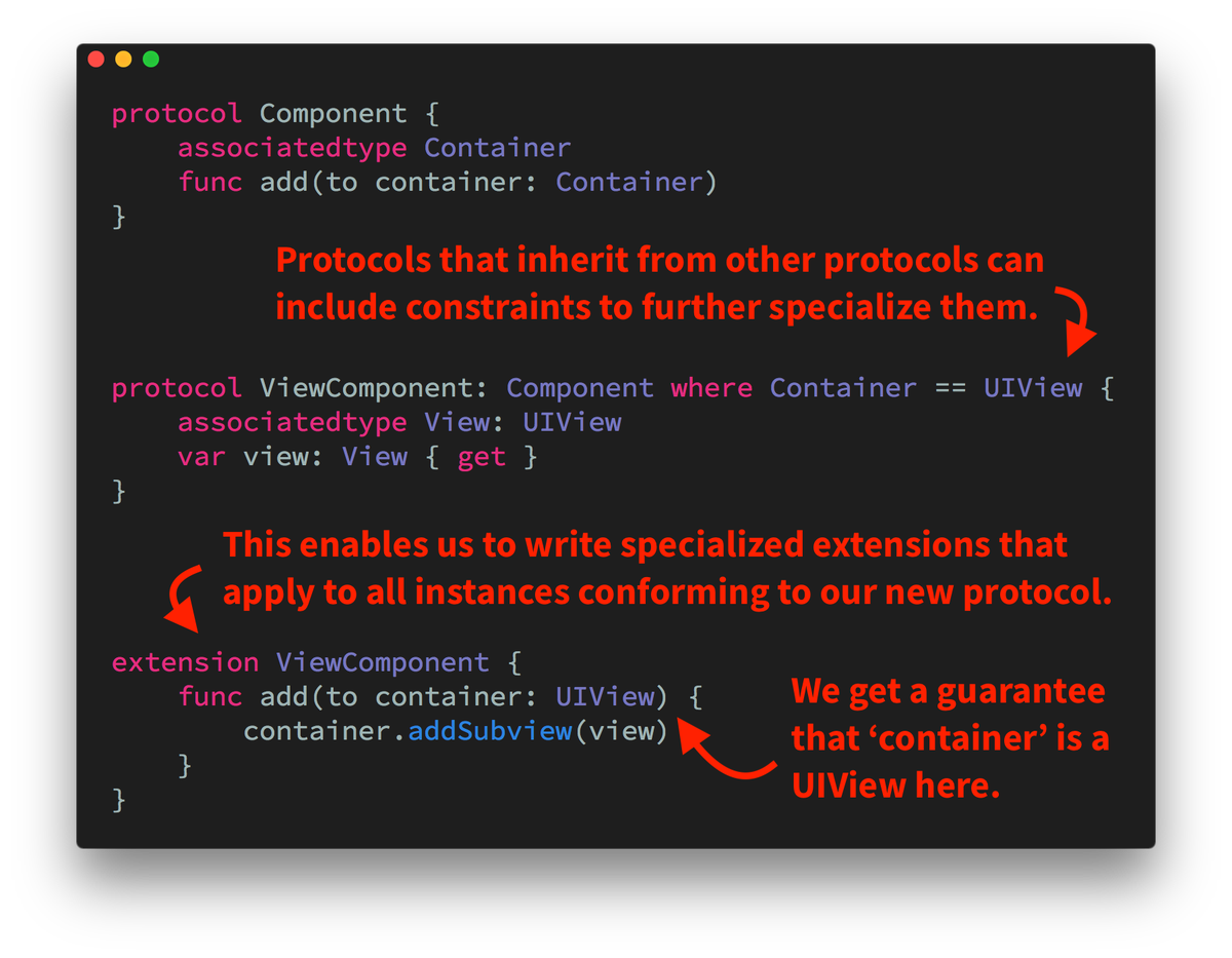 johnsundell's tweet image. A little late night prototyping session reveals that protocol constraints can not only be applied to extensions - they can also be added to protocol definitions! 🤯

This is awesome, since it lets us easily define specialized protocols based on more generic ones 👍