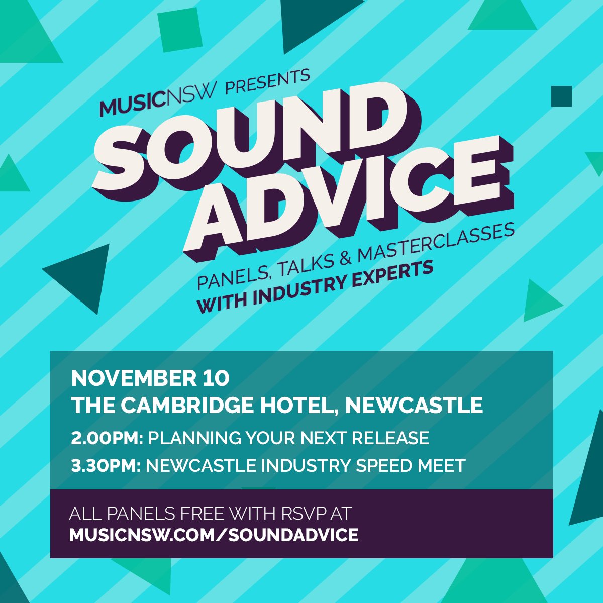 Sound Advice goes to Newcastle! 👋 Learn about release planning and meet some of the key players in Newcastle’s music scene from <a href="/RAAVE_TAPES/">RAAVE TAPES</a>, <a href="/KingdomSoundsAU/">Kingdom Sounds</a> &amp; more on November 10 at <a href="/TheCambridge/">Cambridge Hotel</a> 💪 Free via RSVP only at bit.ly/2C4OyOn