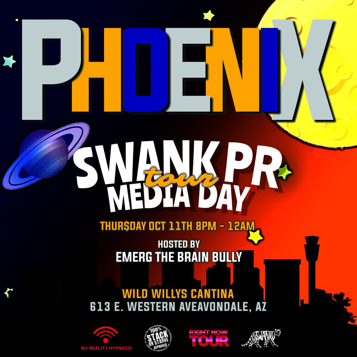 ZillaPromo1's tweet photo. {#SwankPRMediaDay} @SwankPR is Hitting #Phoenix Oct 11th continuing the #TOUR @Wild_Willys_Bar hosted by @TheBrainbully #Emerge sounds by @papeon4 Doors Open at 8pm RSVP to participate ===> https://t.co/XTiLTg9thI https://t.co/oYsUhfVKdO
