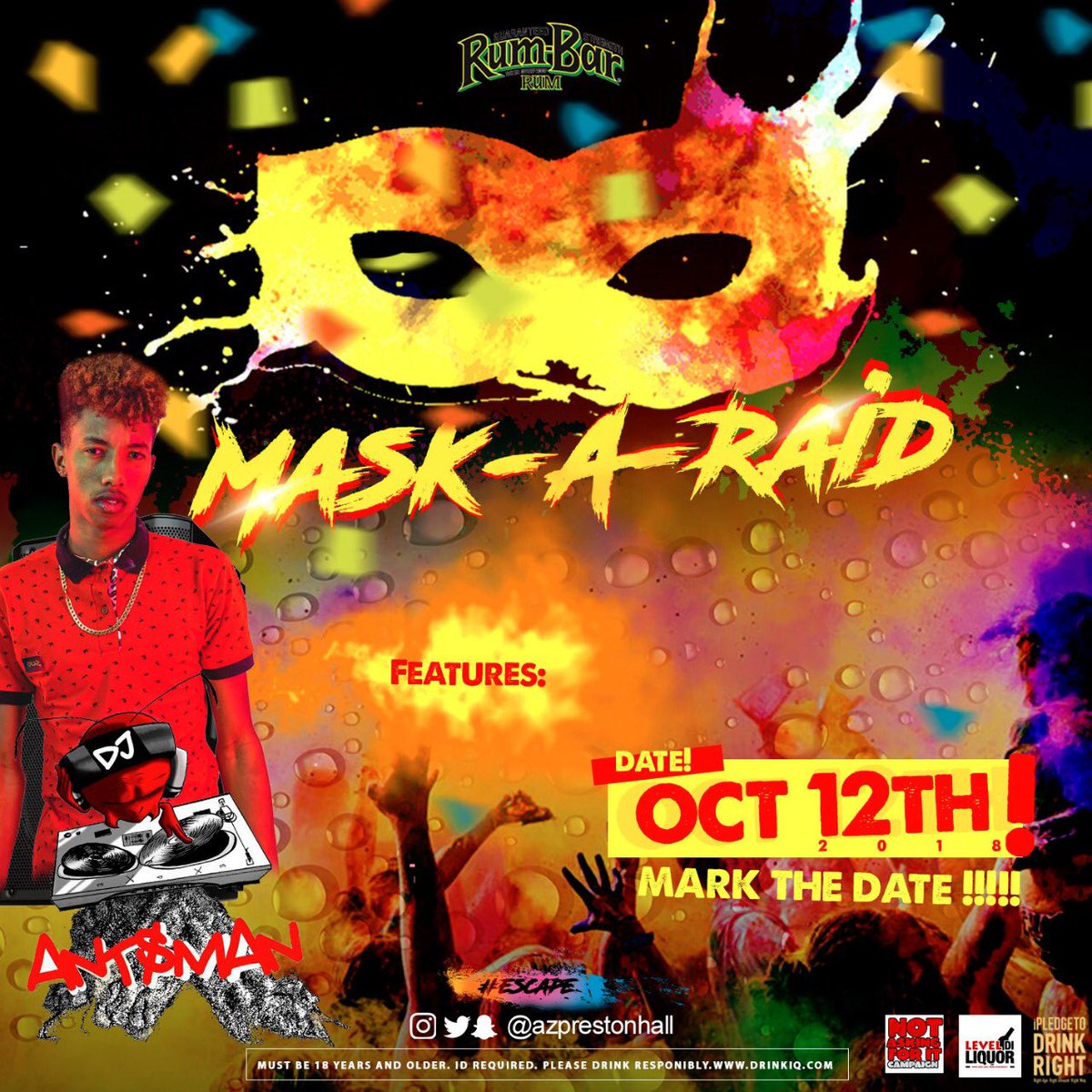 AZPrestonHall's tweet photo. Young, Hot &amp; Hype!  Di gyal dem ants ready fi shell Mask-A-Raid. Ladies unu ready?💦💦🤸🏾‍♀️ 🎭#LetsEscape #FlairySeason  #MaskARaid12 #MREscape   #MaskARaidOct12 https://t.co/HbIUxawpKU