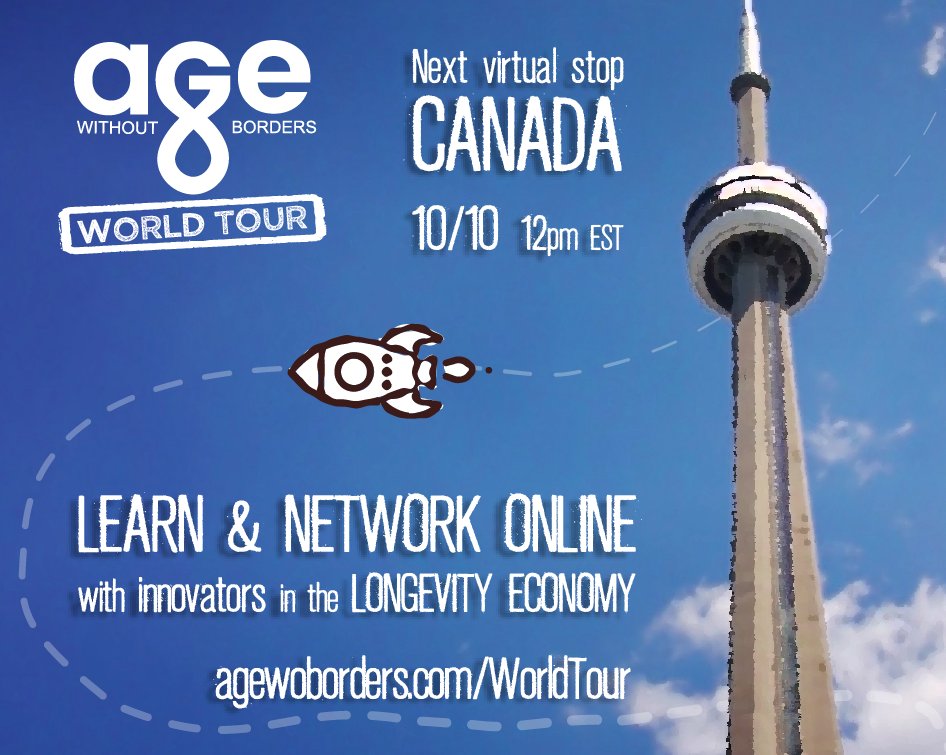 Our next FREE ONLINE MEETUP is right on the corner: CANADA, this WED 10! Dr.<a href="/Gillleithman/">Dr. Gillian Leithman</a>, <a href="/wendy_mayhew/">Wendy Mayhew</a>, and <a href="/davidgstoller/">David Stoller</a> from the @CABHI, @aging2toronto will grant us astounding insights! LEARN and NETWORK with innovators from across the AGING SPACE! agewoborders.com/worldtour