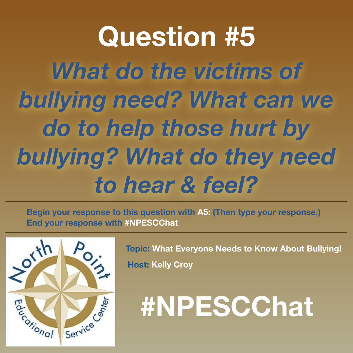 kellycroy's tweet photo. Question 5 is here!
Q5: What do the victims of bullying need? What can we do to help those hurt by bullying? What do they need to hear & feel?
This is a big one. Don’t hold back. https://t.co/KmMtQwRbTF