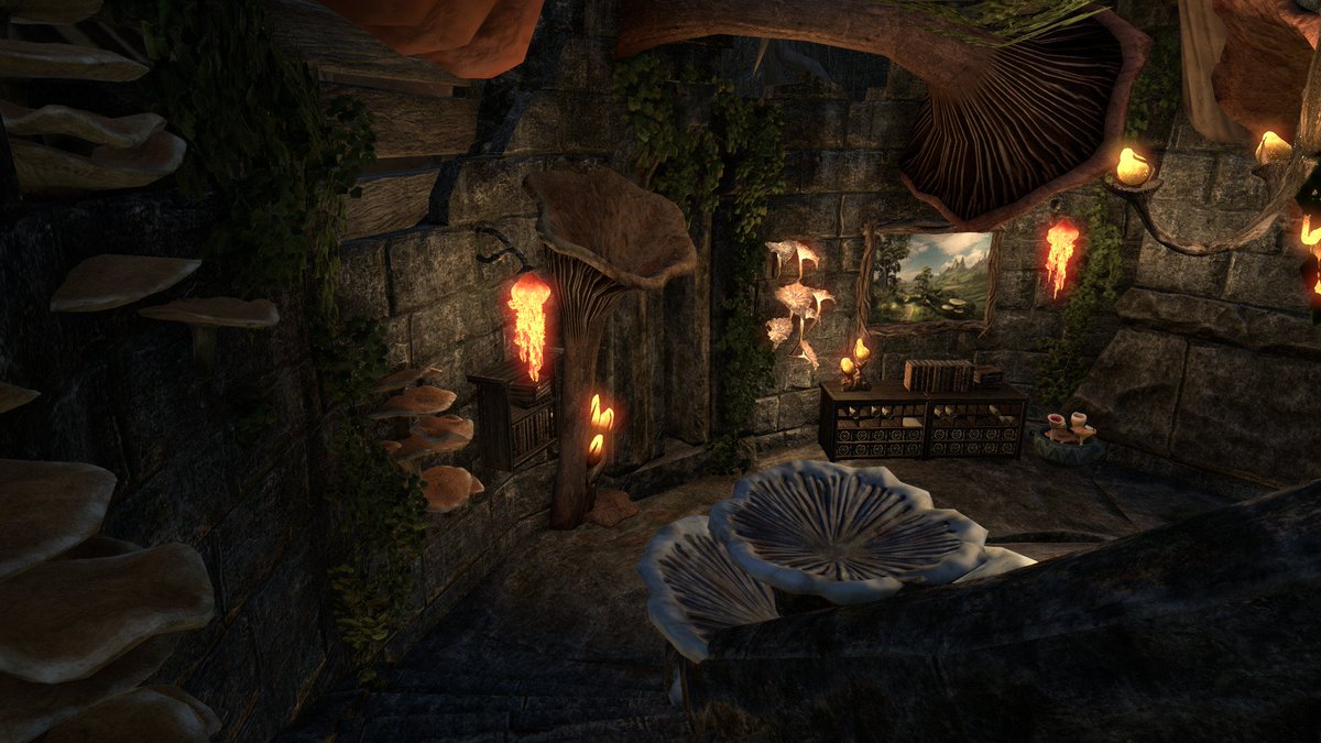 TESfangirrl's tweet photo. Hunter's Glade is available for Purchase in the Crown Store right now for 8k crowns unfurnished! So I think this is a good time to re-share screens of how I decorated the tower on PTS to show how versatile this home is. It's supposed to be a Telvanni tower. :) #ESO #HuntersGlade https://t.co/ldMlxbBuSZ