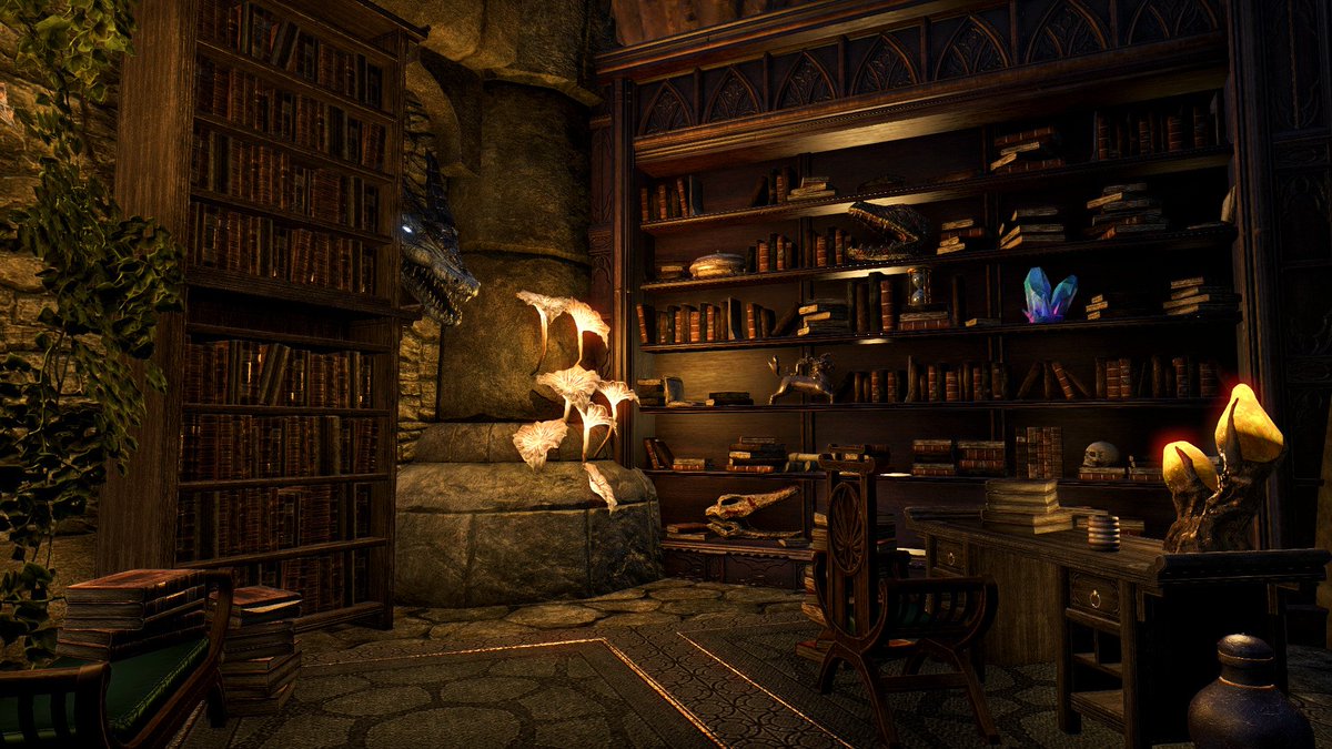 TESfangirrl's tweet photo. Telvanni #HuntersGlade home decorated on PTS - study, reading nook, and alchemy lab. #ESO #ElderScrollsOnline https://t.co/dBbuJiGZDz