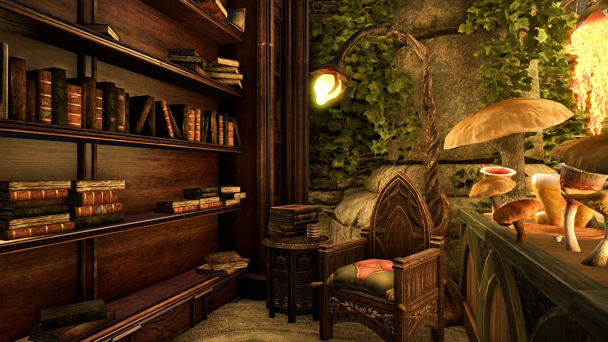 TESfangirrl's tweet photo. Telvanni #HuntersGlade home decorated on PTS - study, reading nook, and alchemy lab. #ESO #ElderScrollsOnline https://t.co/dBbuJiGZDz