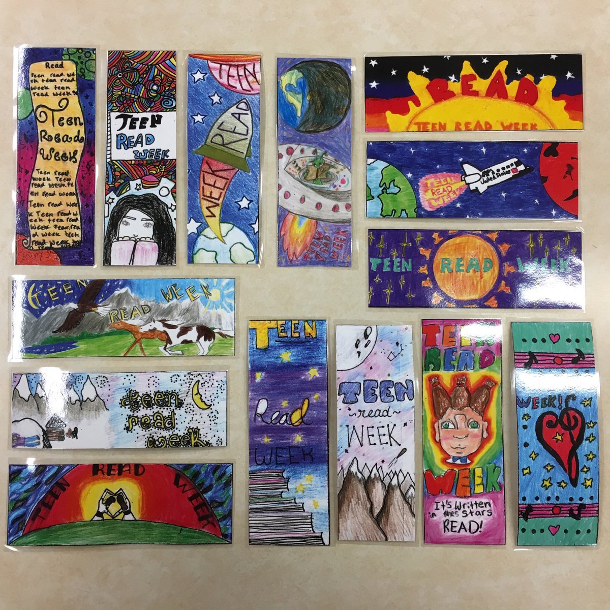 HillsideLibrary's tweet photo. The @HillsideRams art students created #TeenReadWeek bookmarks for the library! #TRW18 #bsdpride #bsdlibraries https://t.co/1gotEbcNz3
