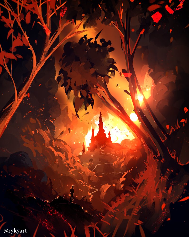 DeviantArt's tweet photo. A lone adventurer pauses at the crest of a hill, caught in the beauty of a fiery sunset behind the towering castle.
โOrange Castleโ by ryky: https://t.co/KagdgDMFsH
#Fantasy #DigitalArt #ryky https://t.co/hnuGf0ZxSj