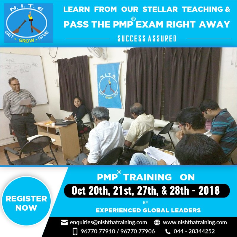 nisthatraining's tweet photo. Want to be a PMI® certified management professional?! Join our PMP® Certification exam training sessions which are to be conducted on October 20, 21, 27, and 28. 
Registrations: https://t.co/l7U9Zbfb3s or call +91-9677077906/044-28344252 

#pmptraining #chennai #nishthatraining https://t.co/AIM56La7Qe