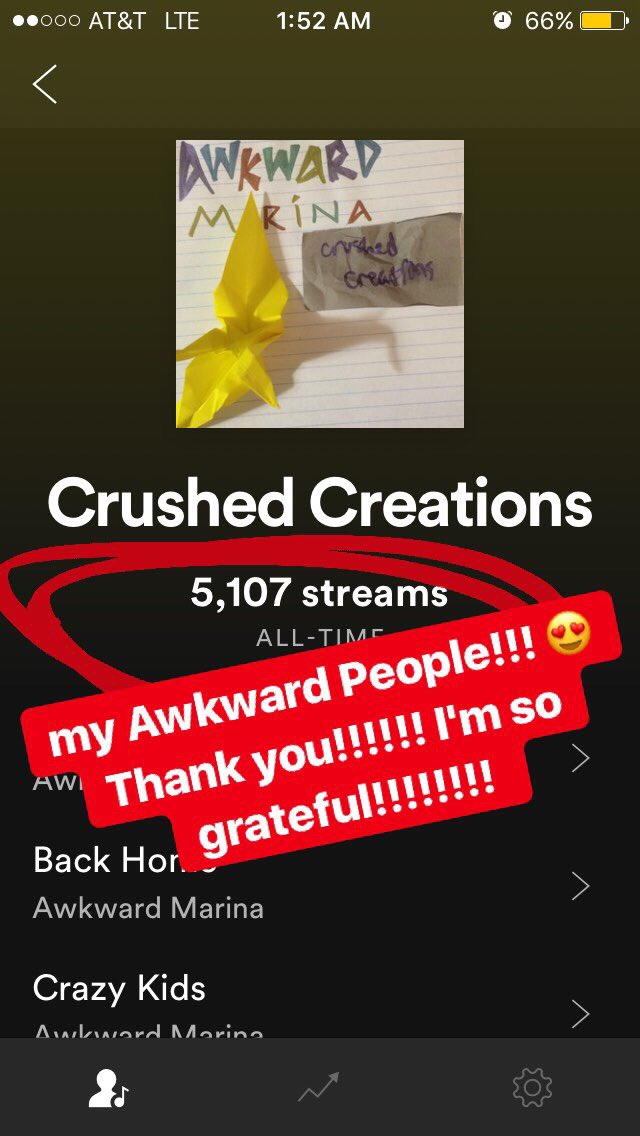 awkwardmarina's tweet photo. #crushedcreations #5kstreams I feel silly because I had no idea I'd reached this many streams until now. Thank you thank you thank you. I wanna hug all 5,107 of you. https://t.co/R6nbDzKvrC