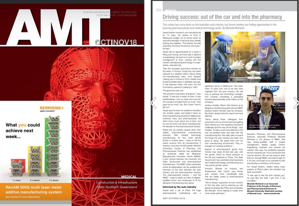 MMIC_Melb's tweet photo. Did you hear about our #Auto2pharma manufacturing transition session with @Pfizer #Melbourne, @IDTAus, @DEDJTR & others? Read what @AMTeditor had to say in the Oct/Nov edition of Australian Manufacturing Technology Magazine our now. @AMTIL_AUS https://t.co/WXAhGYDyAY https://t.co/kqhEU5y0YW