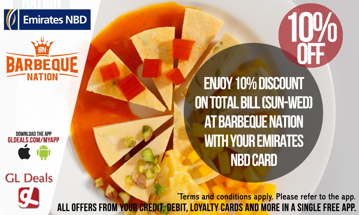 Enjoy 10% discount at Barbeque Nation with your Emirates NBD card.

Download GL Deals app now for free. gldeals.com/myapp #instalike #tagsforlikes #mydubai #uae #offers #app #appstore #iosapp #googleplay #android #ios #gldeals #deals #discount #emiratesnbd #barbequenation