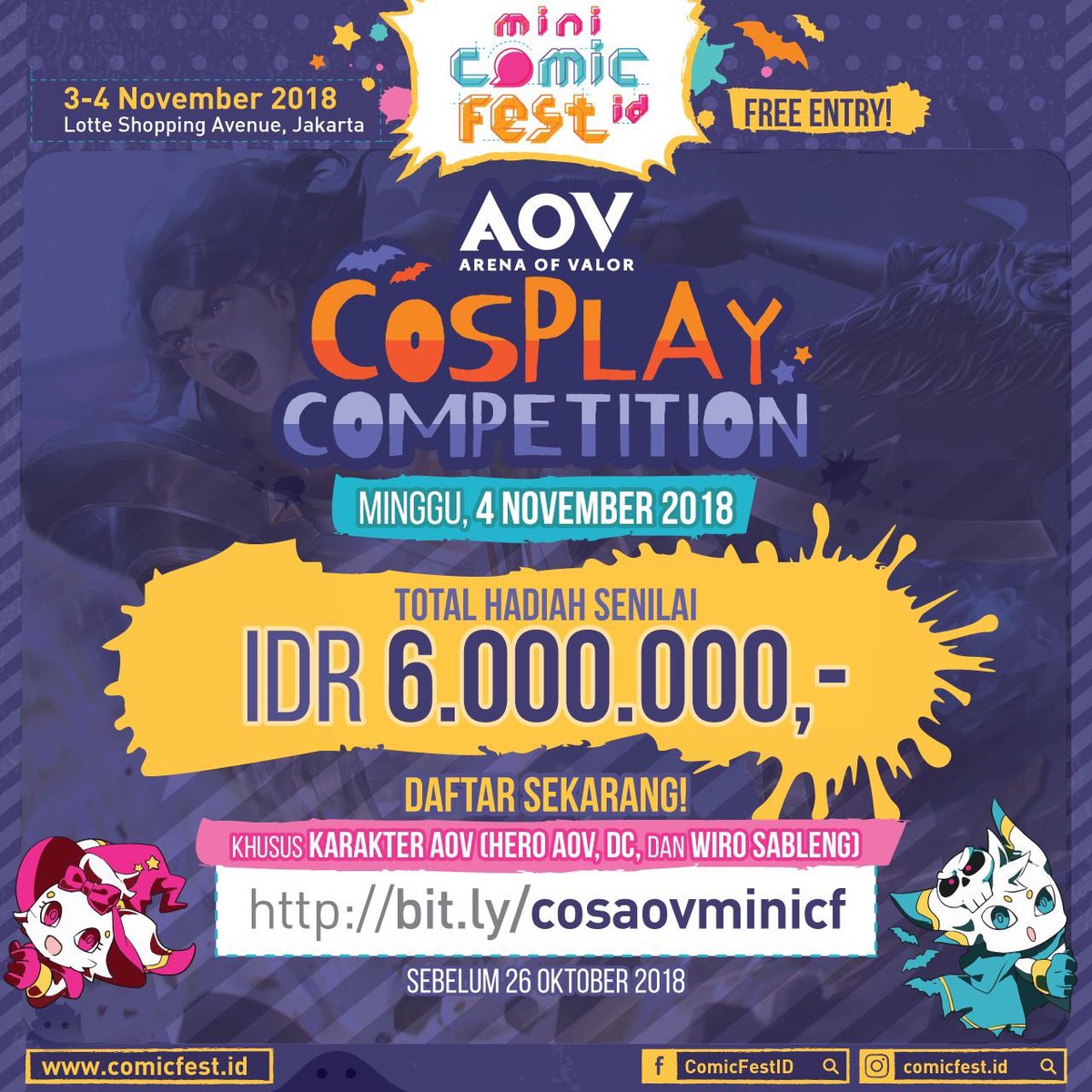 Buat Reonites penggemar AoV yang juga kebetulan hobi cosplay, yuk ikutan lomba cosplay bertema AoV dengan hadiah 6 juta rupiah di event ComicFest ID tanggal 4 November 2018 di Lotte Shopping Avenue, Kuningan, Jakarta. Daftar langsung di bit.ly/cosaovminicf sekarang juga!