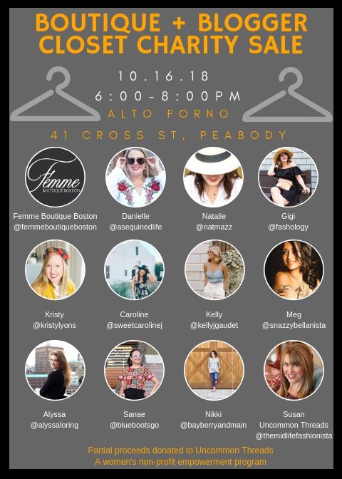 Fashioncoach's tweet image. Check out this FABULOUS #blogger style event on 10/16 in Peabody with @femmeboutiqueb! Scoff up some stylish clothes &amp;amp; accessories while supporting Uncommon Threads!    Flier attached. Hope to see you there! There is no charge for this event! #styleevent #bloggerevent
