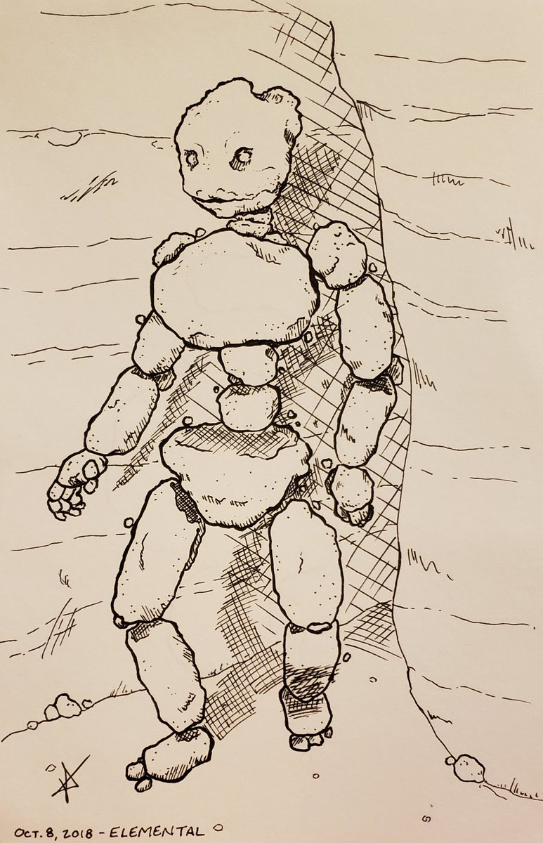 PKolkrabe's tweet photo. My first #inktober - better late than never! I found a gem of a guide to follow for daily #inksperation. Today is ELEMENTAL, so here is a sandstone golem as an earth elemental. https://t.co/jyDzLq7zkA