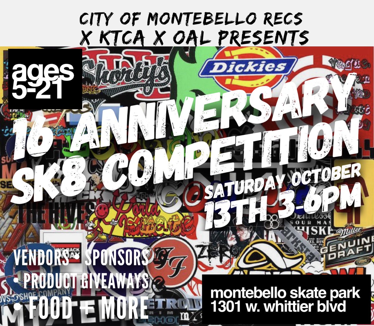 Ktca_Artwalk's tweet photo. Calling all skaters! Join is &amp; city of Montebello &amp; @OalLifestyle for our Annual Montebello Sk8 Competition this Saturday!
#montebello #skate #skateboarding #nikesb #thrasher #vans #toymachine #eastla #whittier #PicoRivera #downey #norwalk #longbeach #venice https://t.co/4OfKXTw4uj