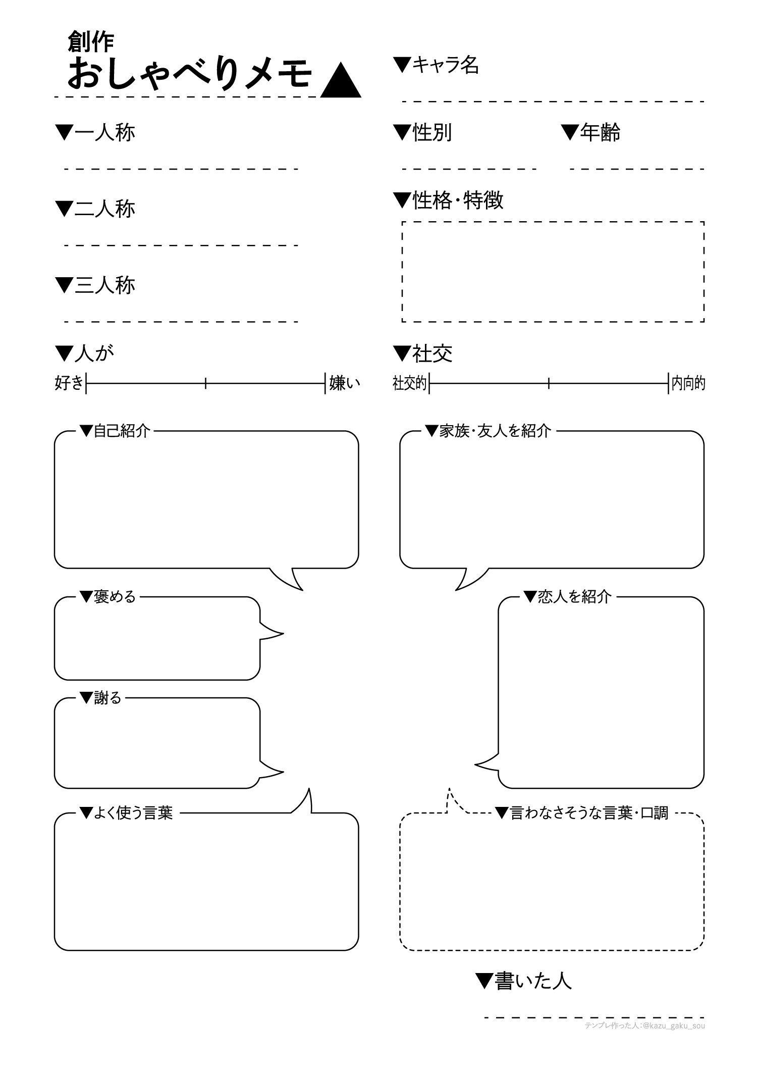 くにかず 口調をド忘れしないためにゆる くメモできるテンプレです 聞く項目を変更していただいてもok ふきだしの真ん中にはキャラの絵等配置してみてください ご自由に 創作おしゃべりメモ T Co Iqeytjnzua Twitter