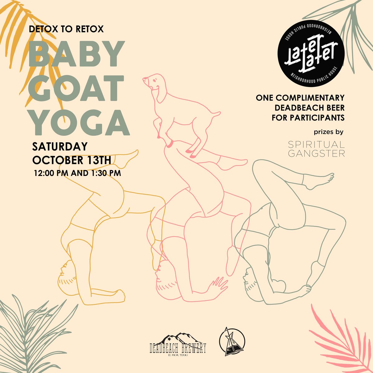 Join us on Saturday, October 13th and try the latest craze - Baby Goat Yoga! Enjoy Complimentary <a href="/DeadBeachBrewer/">DeadBeachbrewery</a> along with <a href="/ViejoCoffee/">Viejo Coffee</a> on hand, too! Tickets for both 12pm and 1:30pm classes are available at eventbrite.com 🐐