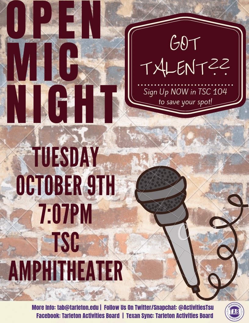 tarleton_tab's tweet image. Want a reason to get out of your dorm for a little? Stop by the TSC Amphitheater tomorrow for our famous Open Mic Night 🎤