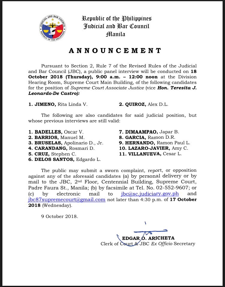 Abs Cbn News Pa Twitter Aside From Sb Justice Quiroz And Atty Jimeno 11 Other Applicants Are Vying For The Associate Justice Post Their Previous Interviews Remain Valid Via Mikenavallo T Co Egzw9fbemo