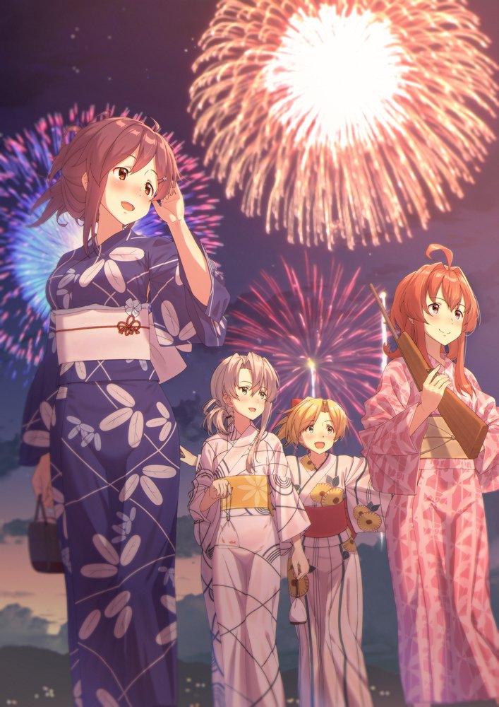 arashi (kancolle) ,hagikaze (kancolle) ,maikaze (kancolle) ,nowaki (kancolle) 4girls multiple girls kimono japanese clothes red hair fireworks blonde hair  illustration images