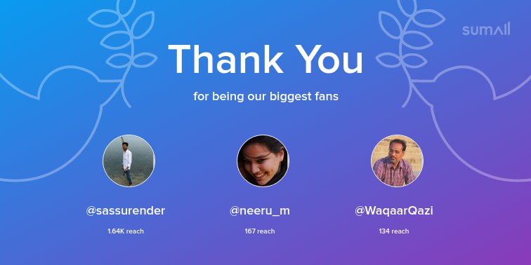 5thspace's tweet photo. Our biggest fans this week: @sassurender, @neeru_m, @WaqaarQazi. Thank you! via https://t.co/2qxF5wLkad https://t.co/bTEdKMOOS8