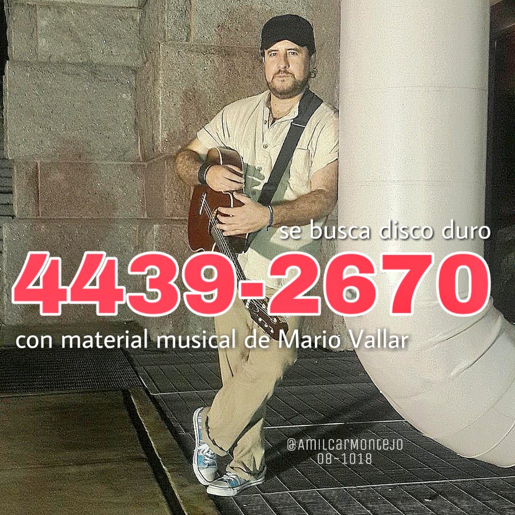 Hace días, robaron a <a href="/MarioVallar/">Mario Vallar</a>, documentos y en especial, un disco duro.

Allí, hay proyectos profesionales con el que se gana la vida e historial musical.

Si por circunstancias de la vida llegara a sus manos el disco, se ofrece gratificación: 4439-2670.

Gracias #TraficoGT.