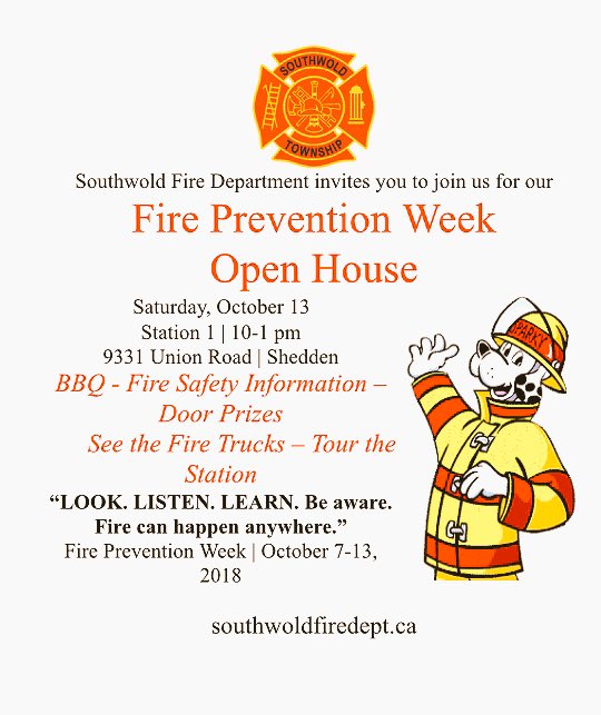 SouthwoldFire's tweet image. We’re looking forward to our #FPW2018 Open House this Saturday! Door prizes for children &amp;amp; fire safety information for all. #LookListenLearn
