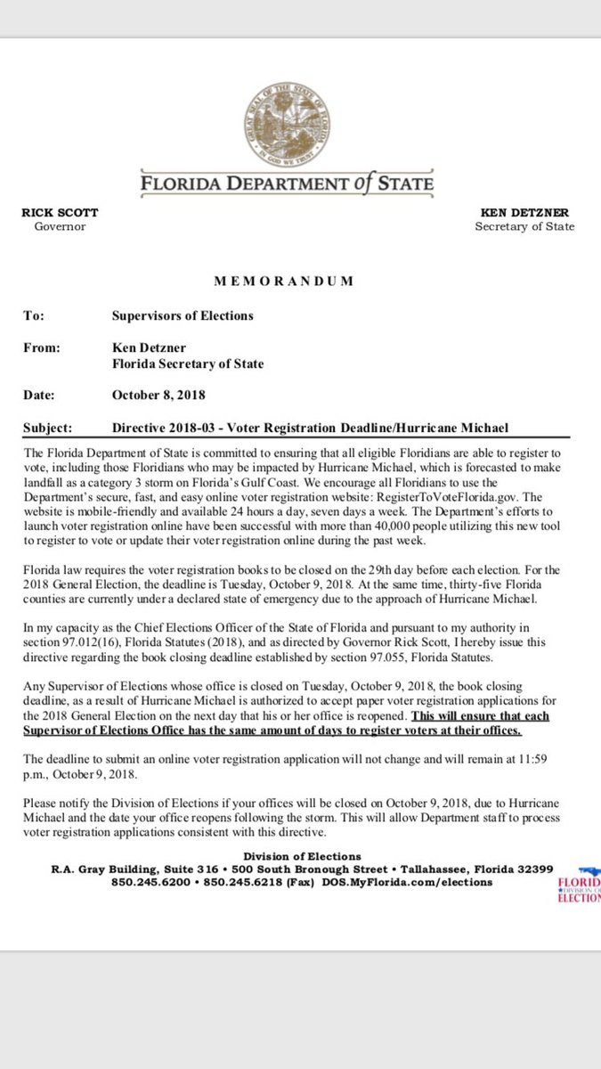 Matt Dixon on Twitter: "[email protected] administration just extended paper  voter registration for one day in counties whose election offices will be  closed ...