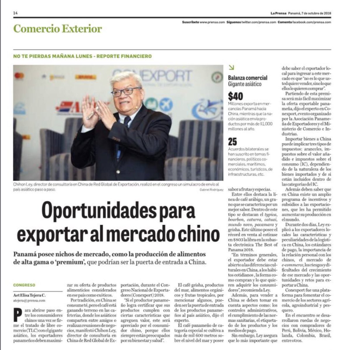 APEXPANAMA's tweet photo. Entrevista realizada por la periodista Aet Tejera del periódico @prensacom sobre el especialista @ChihonLey en el marco de #CONEXPORT2018 @MICIPMA @MIDAPANAMA @AmpymePanama @weiasecas #PanamáExporta https://t.co/Nr8VNX3nxe