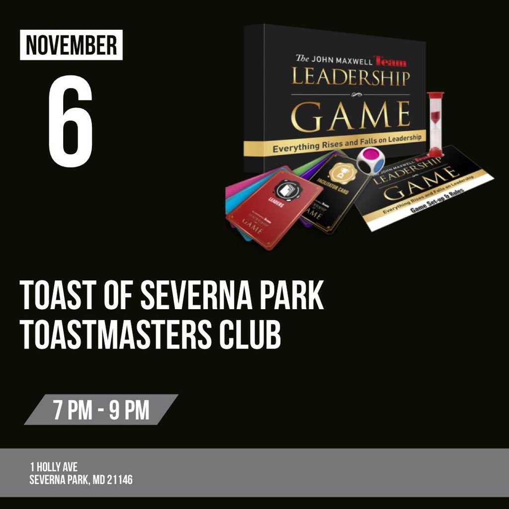 ToastofSP's tweet photo. Mark your calendars and play #TheLeadershipGame with @daretosoarllc at @ToastofSP Toastmasters Club! November 6 from 7 to 9 pm. A brilliant evening - one not to miss! RSVP appreciated. - https://t.co/Pewvukbp5V https://t.co/5lGQ9b2zG6