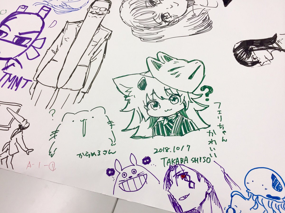 宝翔祭らくがきコーナーに描いたサークルキャラのフェリちゃん
とうちの学校にゲストで来たからめるさんのねこ 