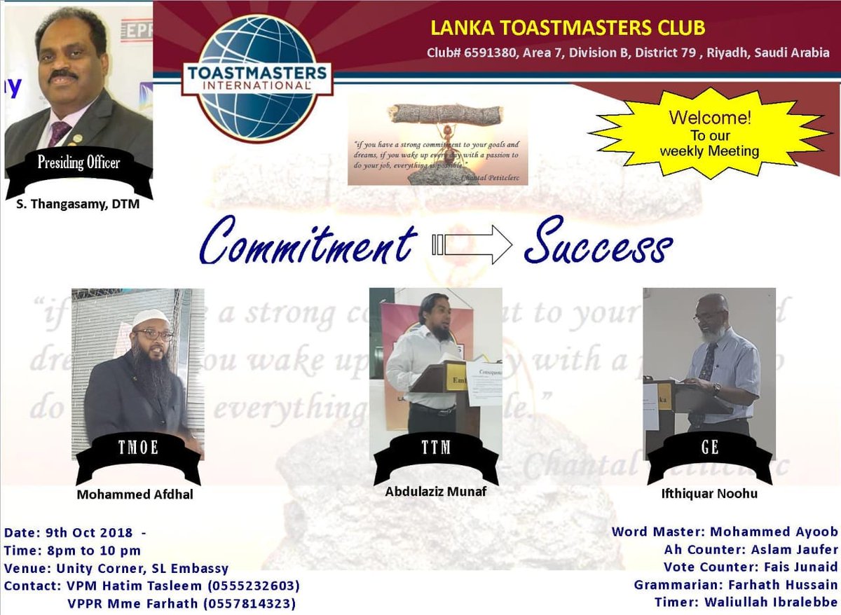 DDistrict79's tweet photo. 9-Oct-18, Terrific Tuesday for Terrific Toastmasters meeting from Lanka and Desert Diamonds @DDTMC9462 TMC. Be a terrific person inside and out. See yah! #area7 #area38 #divisionb #district79 #bridgetoeminentgrowth @District79SA https://t.co/Wmt3ItlKUz