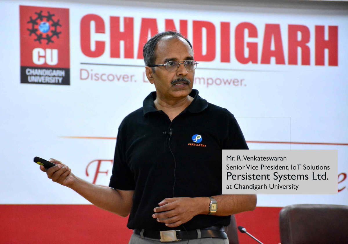 Chandigarh_uni's tweet photo. Mr. R. Venkateswaran, Senior Vice President, IoT Solutions of HFS Winner circle for software product engineering services company -- #PersistentSystemsLtd. visited #ChandigarhUniversity and interacted with the #CSE #InternetOfThings (CSE IoT) #engineering students. https://t.co/eZnW6hXdd7