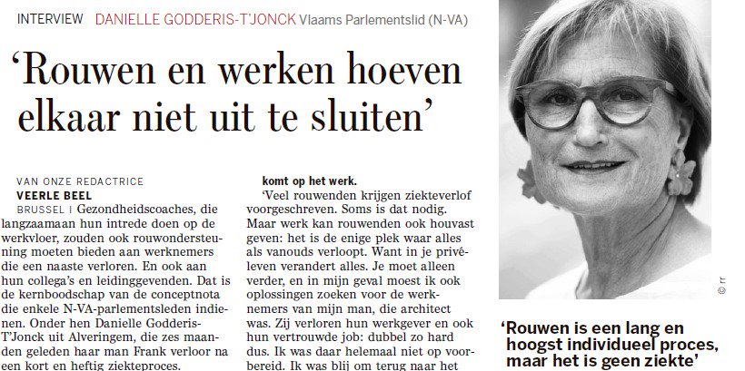 NVA_VlaParl's tweet photo. Gezondheidscoaches zouden ook rouwondersteuning moeten bieden aan werknemers die een naaste verloren. Dat is de kernboodschap van de conceptnota die @DanielleTJonck  indiende. Lees een interview met Danielle hierover via https://t.co/nToPaD3Jt4 https://t.co/NBfc0Hwwjg