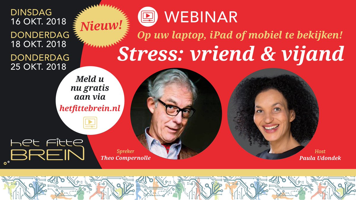 Nieuw! Online #webinars over thema’s die een relatie hebben met het (fitte) #brein. Het eerste webinar gaat over #stress : wat is het precies en hoe kun je het voorkomen? Dr. Prof. Theo Compernolle vertelt er alles over! Voor gratis aanmelden ga naar hetfittebrein.nl!