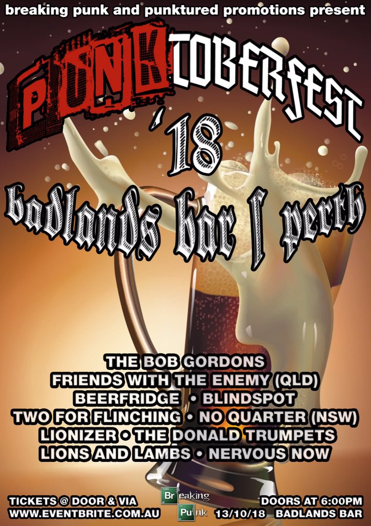 This Saturday party peeps! Playing at Badlands Bar in Perth! Absolute belter!
#breakingpunk #punk #livegigs #perthgigs #livemusic #party #woop #punktoberfest #badlandsbar #prost #letsgetdrunk #punkrock #melodicpunk #yew