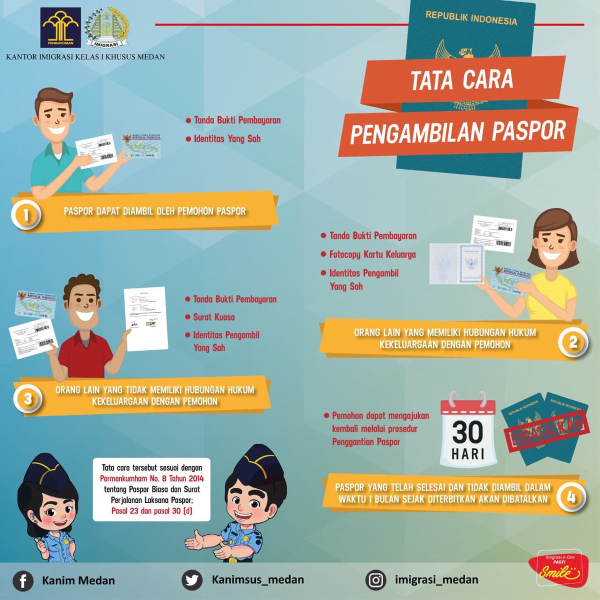 imigrasi_medan's tweet photo. “Kalau mau ambil paspor harus bawa apa saja?”, “Apakah pengambilan paspor bisa diwakilkan?”, Nah... ini nih yg sering ditanyakan oleh sahabat mido. Berikut adalah tata cara pengambilan paspor 😉 https://t.co/Rkf6CMpwk2