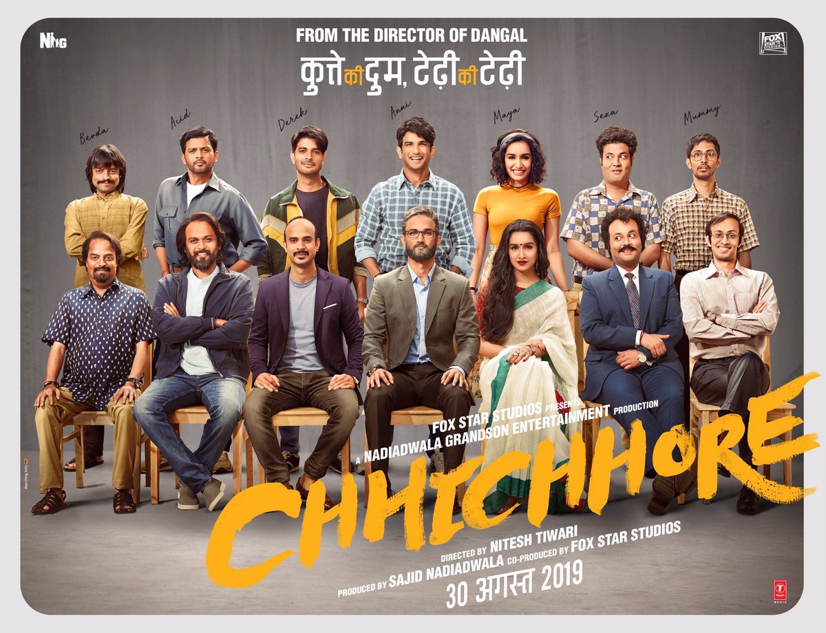 Sushant Singh Rajput, Shraddha Kapoor, VarunSharma, Tahir Raj Bhasin, Naveen Polishetty, Tushar Pandey, Saharsh Shukla and Prateik Babbar... First look poster of #Chhichhore... Directed by Nitesh Tiwari... Produced by Sajid Nadiadwala... Co-produced by Fox Star Studios.