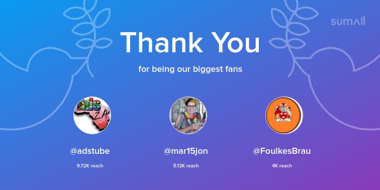 Our biggest fans this week: <a href="/adstube/">Ads ZA</a>, <a href="/mar15jon/">Marianne Victor🌹💙🌹💙</a>, <a href="/FoulkesBrau/">Foulkes Brau</a>. Thank you! via sumall.com/thankyou?utm_s…