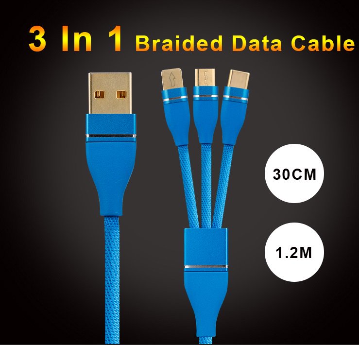 3 in 1 Nylon usb data cable for promotional gifts