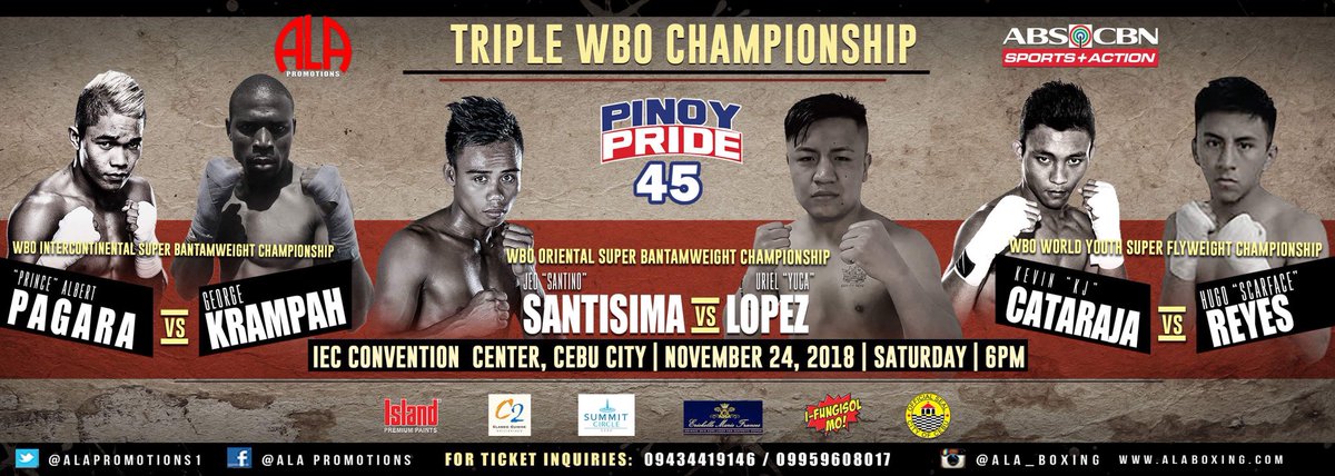 coachala's tweet photo. November 24, Pinoy Pride 45 #TripleWBOChampionship @WorldBoxingOrg @PacoValcarcel #SantisimaLopez #PagaraKrampah #CatarajaReyes #IECConventionCenterCebuPhilippines @ALAPromotions1 @ABSCBNNews @ABSCBNNewsSport @abscbnsports @ABSCBNpr @DYANCASTILLEJO @honasantino @StevieAngeles https://t.co/YlkKi41VeW